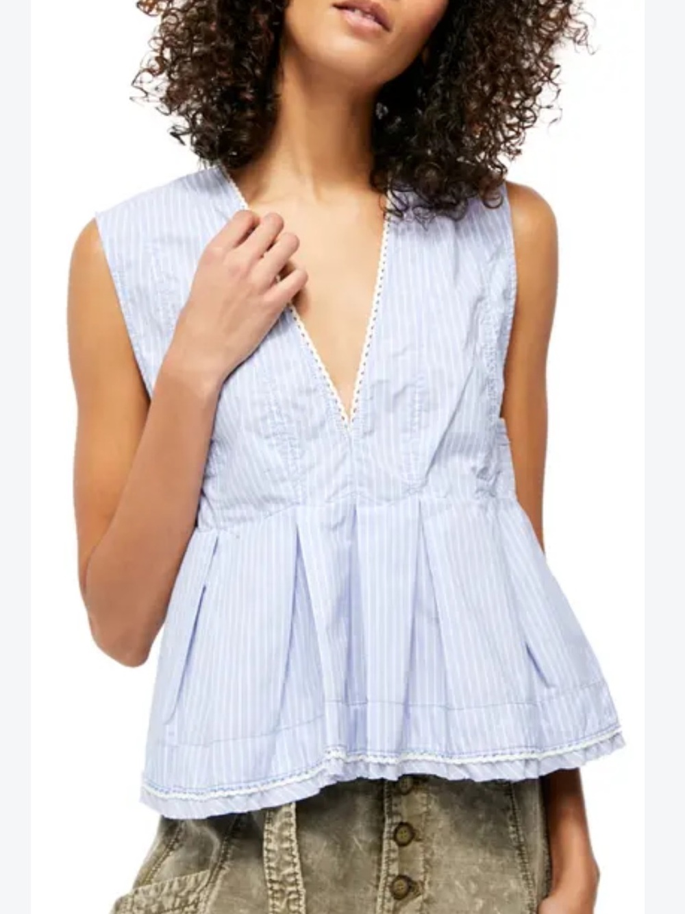 Free People Good Feels Striped Sleeveless Top Blue Ivory Pleated Sz S
